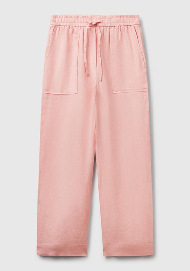  Kadın Pembe %100 Keten Büzgü İpli Cepli  Pantolon