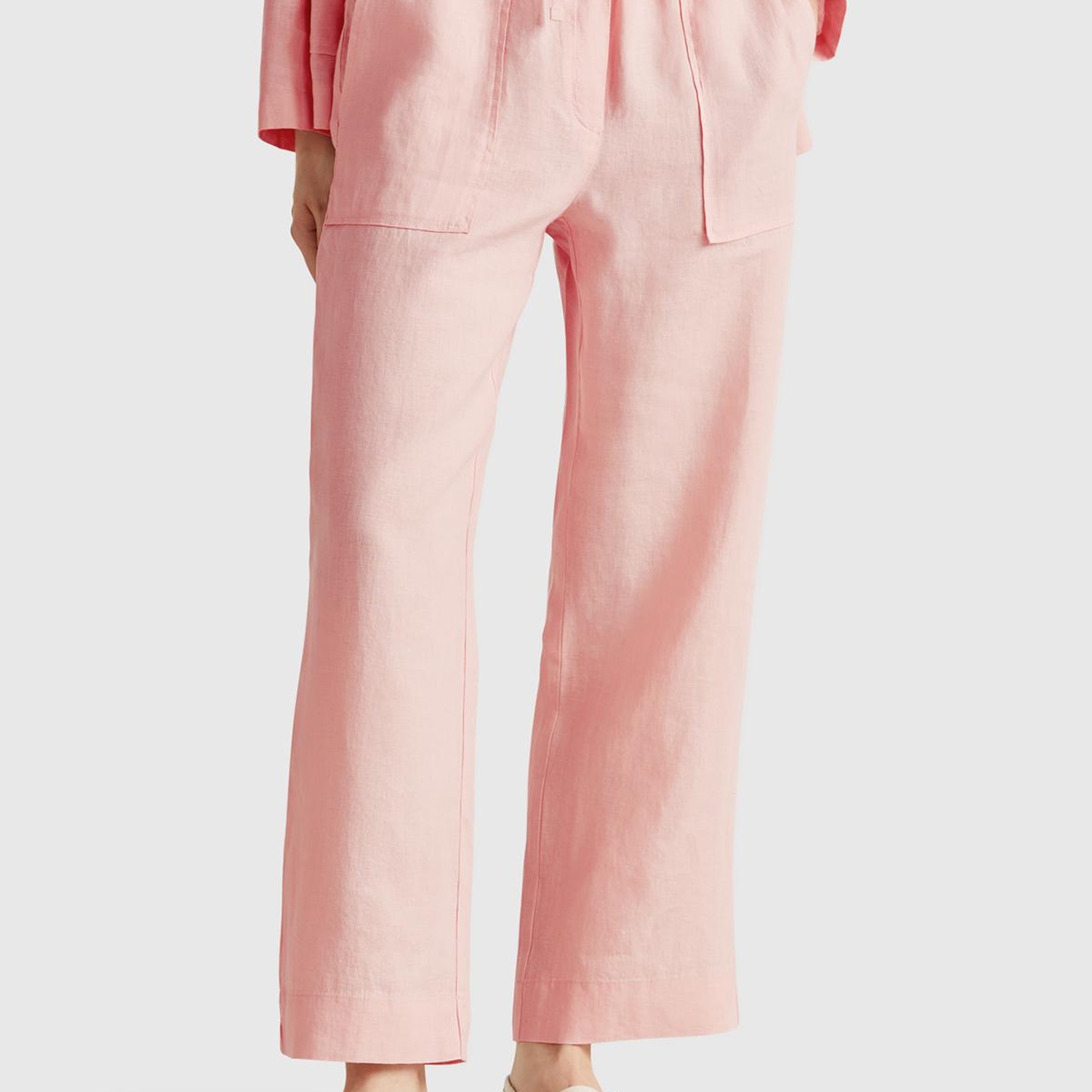 Kadın Pembe %100 Keten Büzgü İpli Cepli  Pantolon