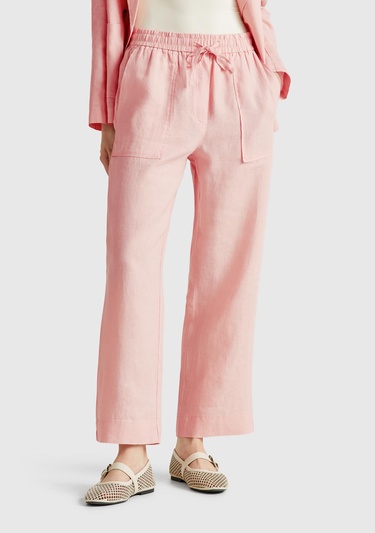  Kadın Pembe %100 Keten Büzgü İpli Cepli  Pantolon