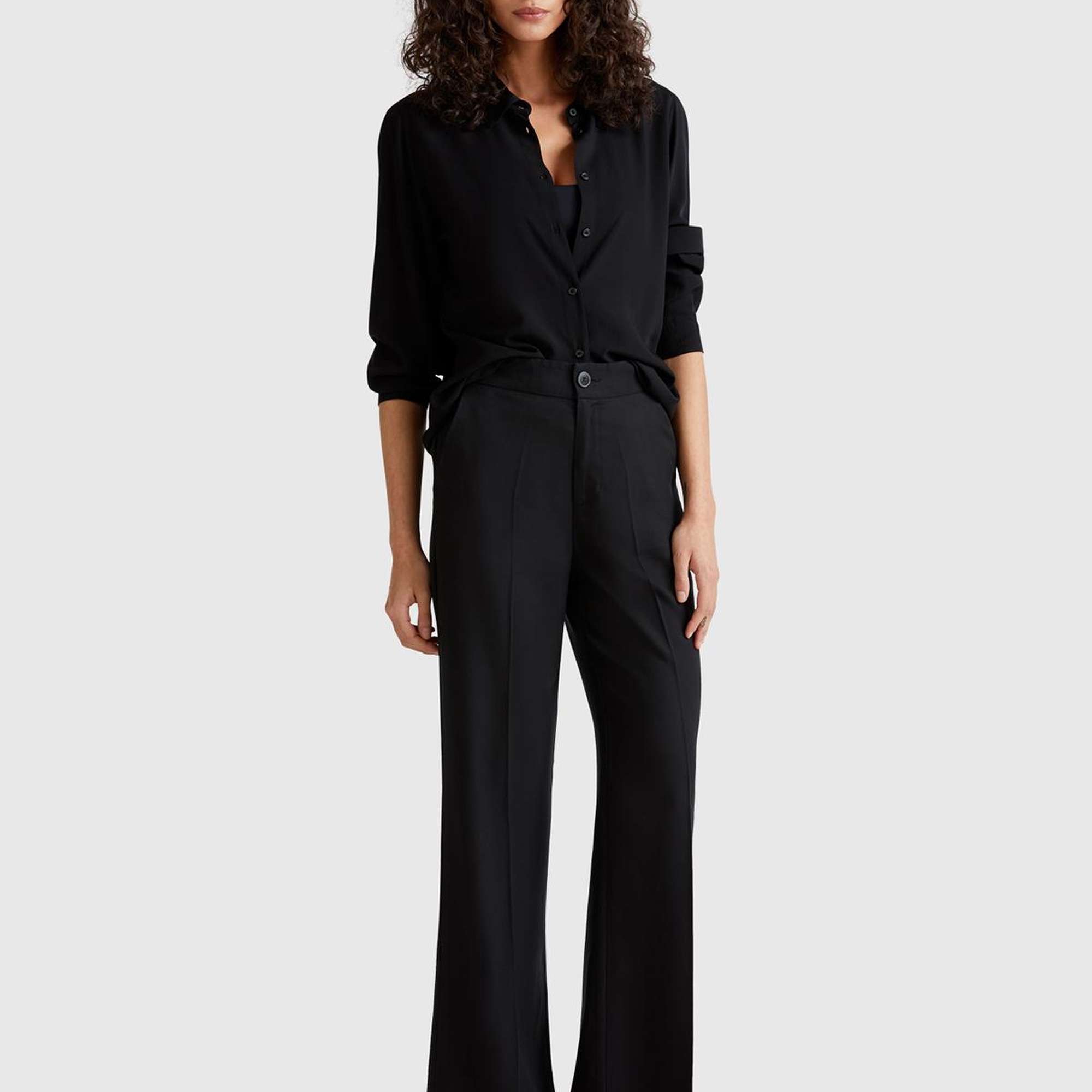 Kadın Siyah %100 Liyosel Beli Lastikli Düz Paça Pantolon