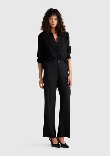  Kadın Siyah %100 Liyosel Beli Lastikli Düz Paça Pantolon