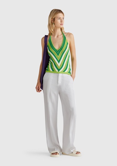  Kadın Beyaz %100 Liyosel Beli Lastikli Düz Paça Pantolon