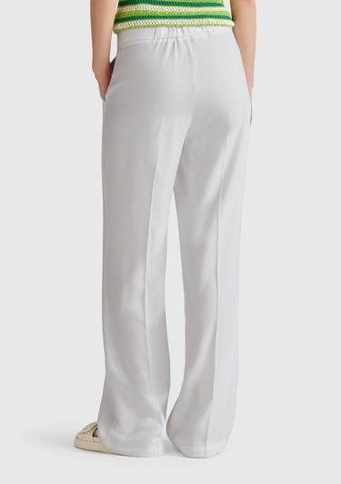  Kadın Beyaz %100 Liyosel Beli Lastikli Düz Paça Pantolon