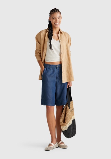  Kadın Koyu Mavi %100 Liyosel Regular Fit Bermuda Diz Üstü Şort