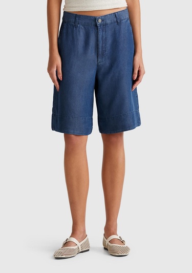  Kadın Koyu Mavi %100 Liyosel Regular Fit Bermuda Diz Üstü Şort