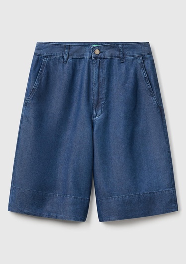  Kadın Koyu Mavi %100 Liyosel Regular Fit Bermuda Diz Üstü Şort