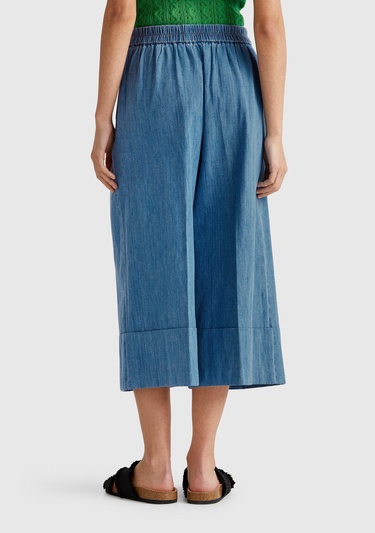  Kadın Açık Mavi Kenevir Karışımlı Beli Lastikli Kısa Bol Paça Denim Pantolon