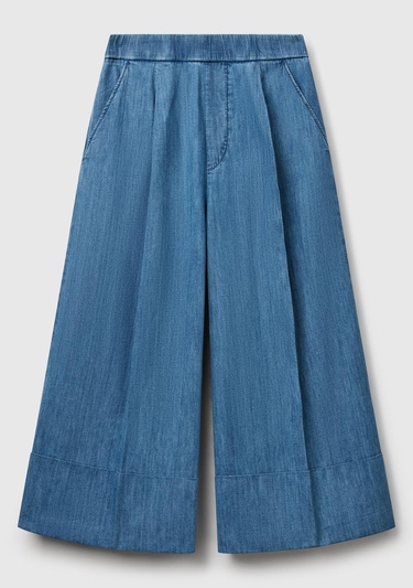  Kadın Açık Mavi Kenevir Karışımlı Beli Lastikli Kısa Bol Paça Denim Pantolon