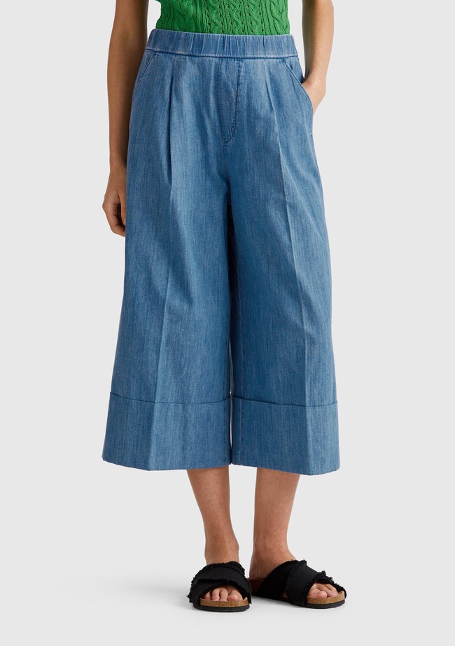  Kadın Açık Mavi Kenevir Karışımlı Beli Lastikli Kısa Bol Paça Denim Pantolon