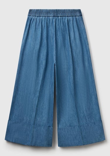  Kadın Açık Mavi Kenevir Karışımlı Beli Lastikli Kısa Bol Paça Denim Pantolon