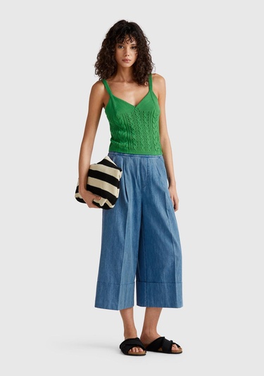  Kadın Açık Mavi Kenevir Karışımlı Beli Lastikli Kısa Bol Paça Denim Pantolon