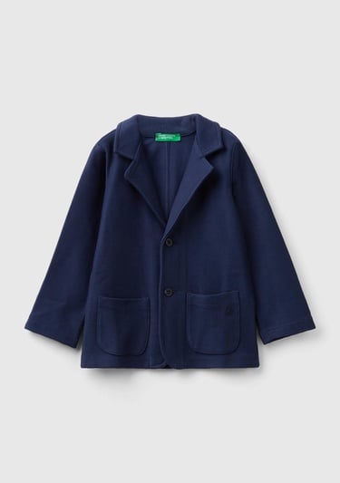  Erkek Çocuk Lacivert Düğme Kapamalı Yama Cepli Logo Baskılı Polar Blazer
