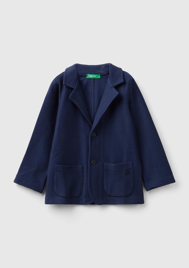  Erkek Çocuk Lacivert Düğme Kapamalı Yama Cepli Logo Baskılı Polar Blazer