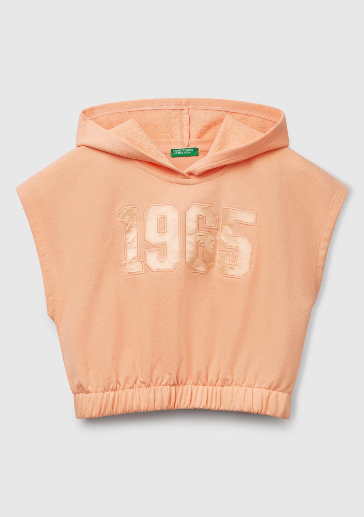  Kız Çocuk Yavruağzı Önü Aplikeli Nakış Detaylı Kolsuz Kapüşonlu Sweatshirt