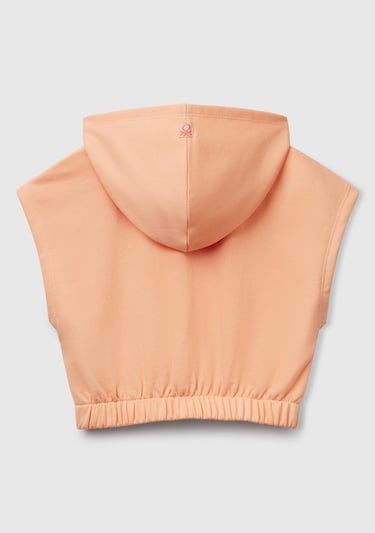  Kız Çocuk Yavruağzı Önü Aplikeli Nakış Detaylı Kolsuz Kapüşonlu Sweatshirt