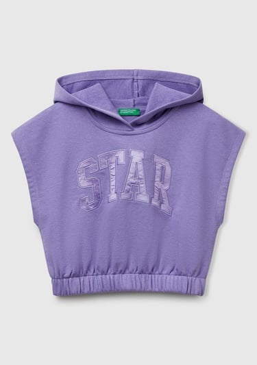  Kız Çocuk Mor Önü Aplikeli Nakış Detaylı Kolsuz Kapüşonlu Sweatshirt