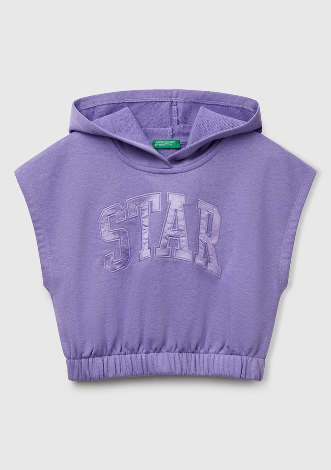  Kız Çocuk Mor Önü Aplikeli Nakış Detaylı Kolsuz Kapüşonlu Sweatshirt