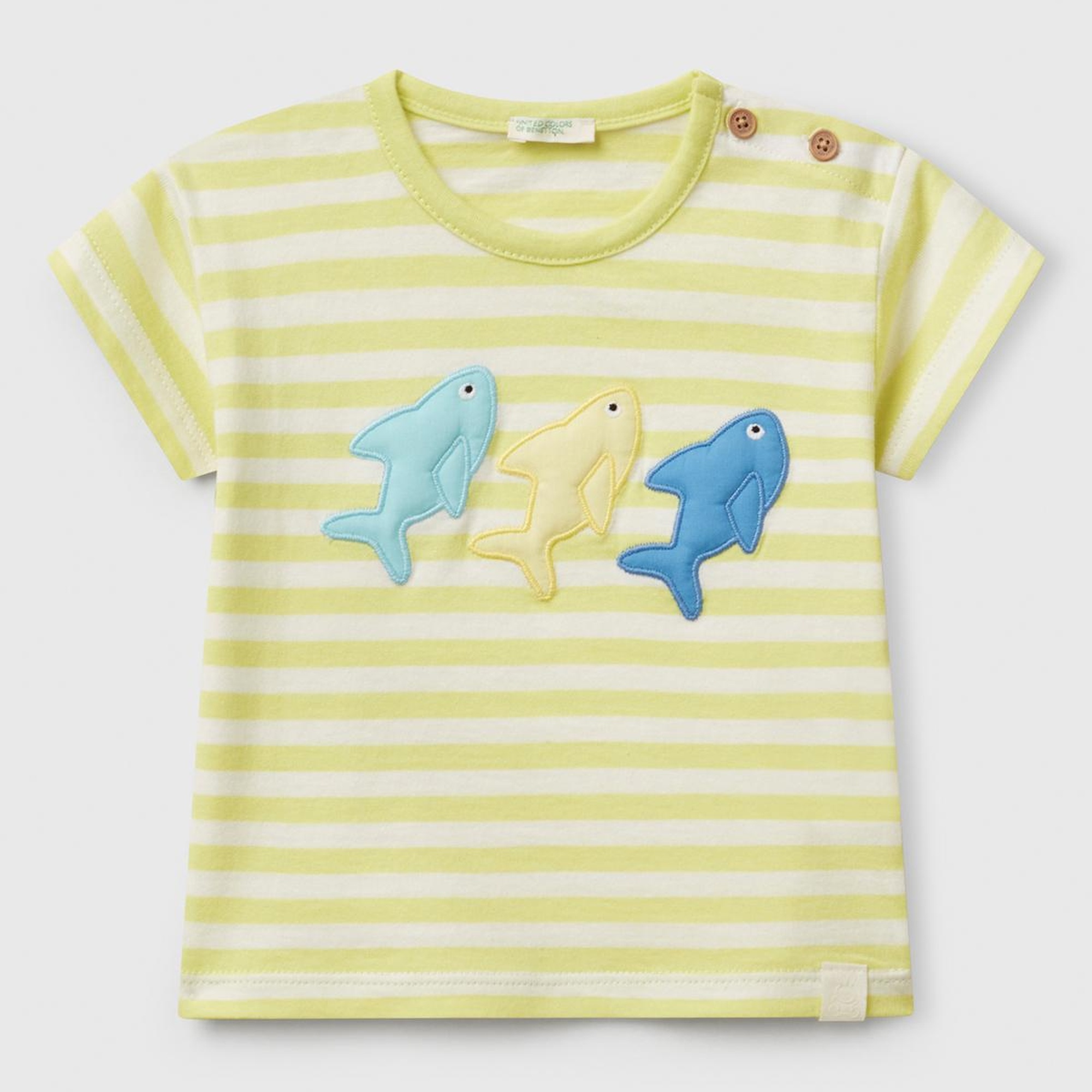 Bebek Sarı Çizgili Önü Baskılı Omzu Logo Düğmeli T-Shirt