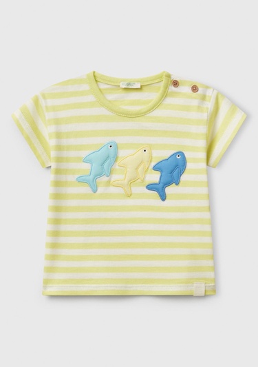  Bebek Sarı Çizgili Önü Baskılı Omzu Logo Düğmeli T-Shirt