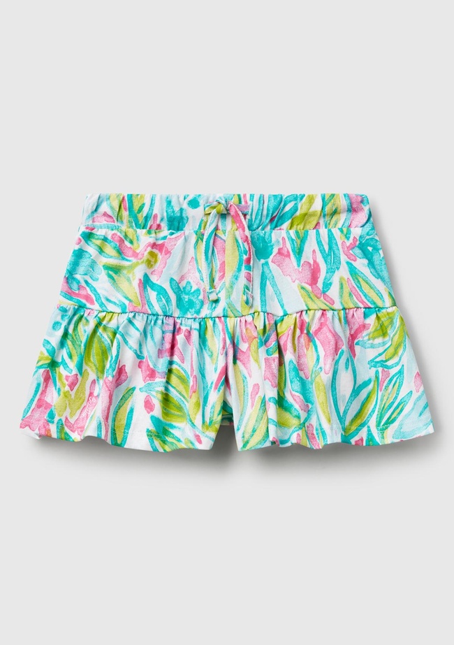  Kız Çocuk Yeşil Desenli Büzgü İpli Etek Ucu Pileli Şort