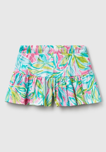  Kız Çocuk Yeşil Desenli Büzgü İpli Etek Ucu Pileli Şort