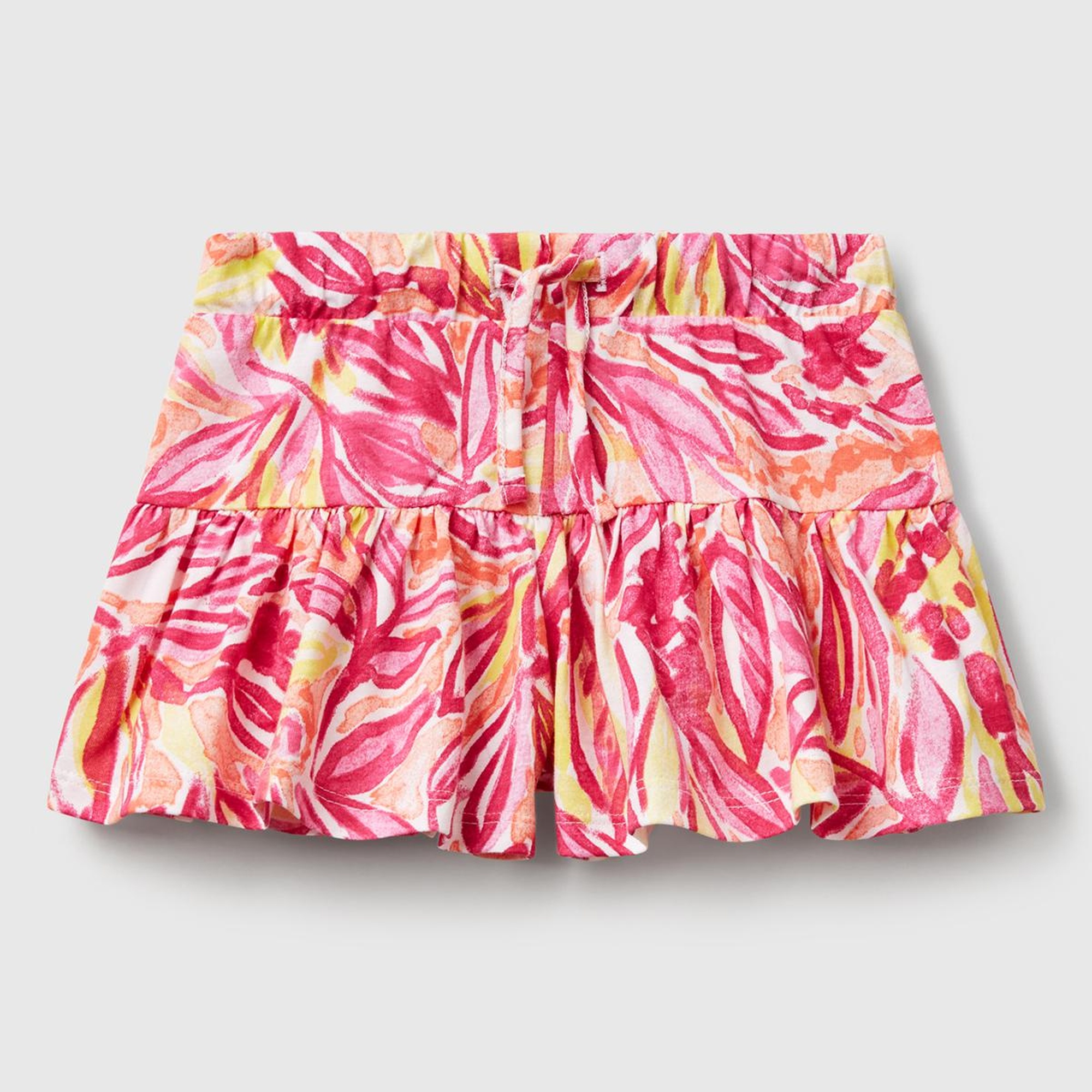 Kız Çocuk Turuncu Desenli Büzgü İpli Etek Ucu Pileli Şort