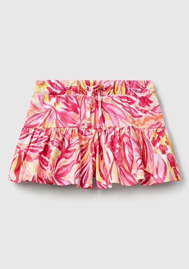  Kız Çocuk Turuncu Desenli Büzgü İpli Etek Ucu Pileli Şort