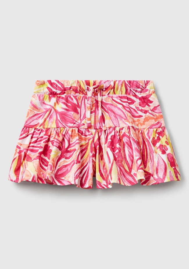  Kız Çocuk Turuncu Desenli Büzgü İpli Etek Ucu Pileli Şort