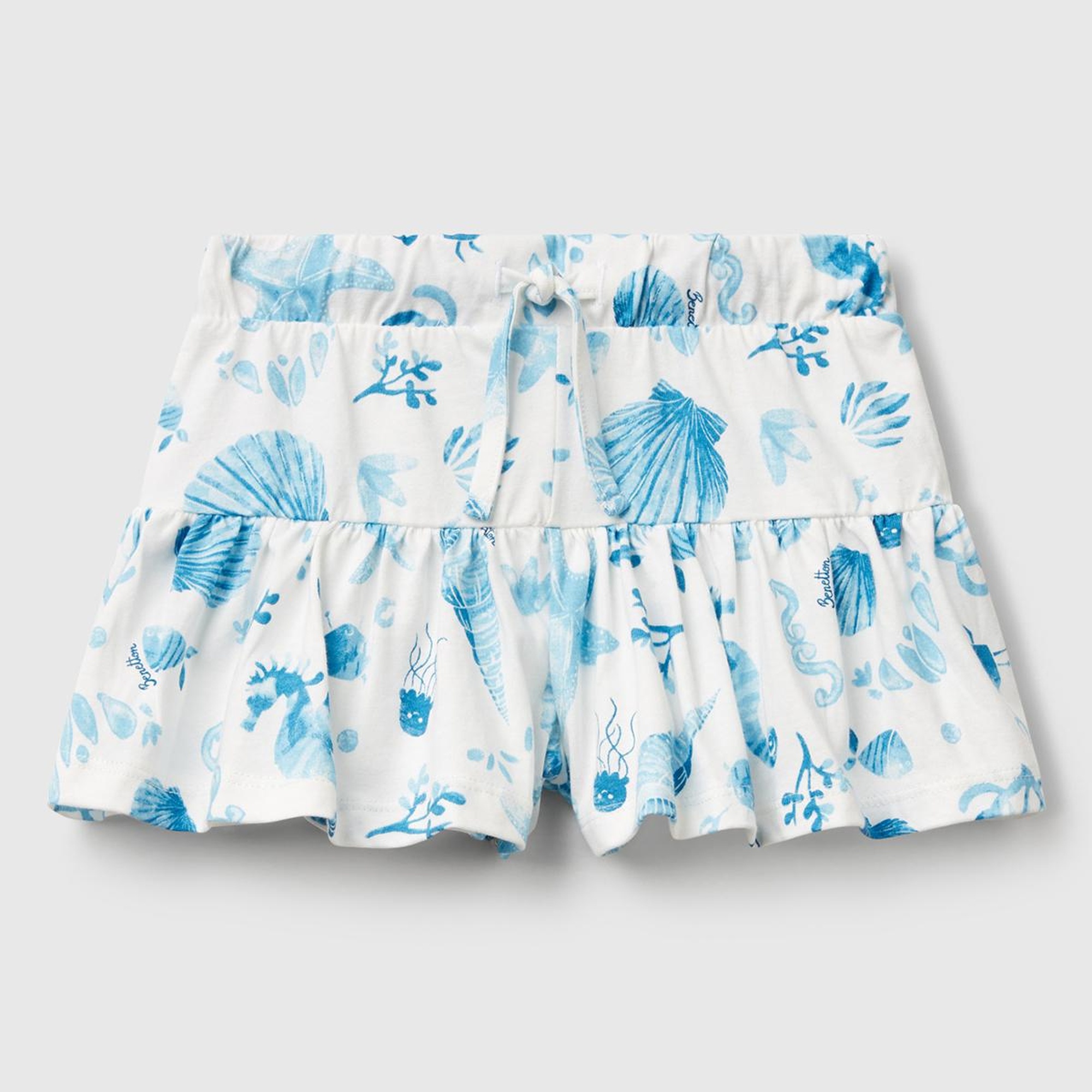 Kız Çocuk Mavi Desenli Büzgü İpli Etek Ucu Pileli Şort