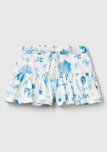  Kız Çocuk Mavi Desenli Büzgü İpli Etek Ucu Pileli Şort