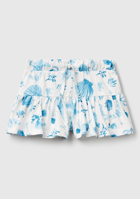  Kız Çocuk Mavi Desenli Büzgü İpli Etek Ucu Pileli Şort