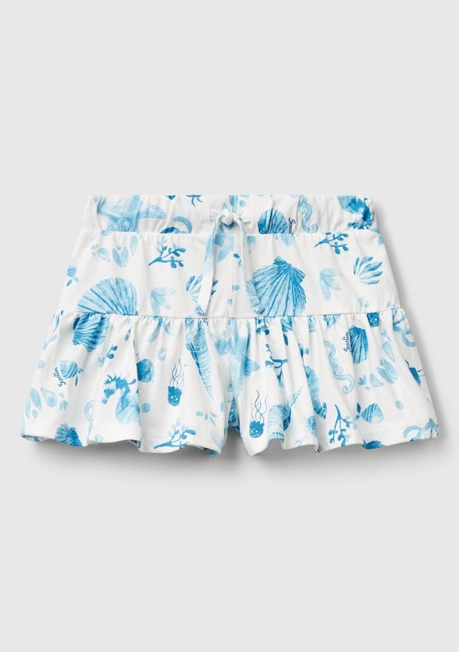  Kız Çocuk Mavi Desenli Büzgü İpli Etek Ucu Pileli Şort