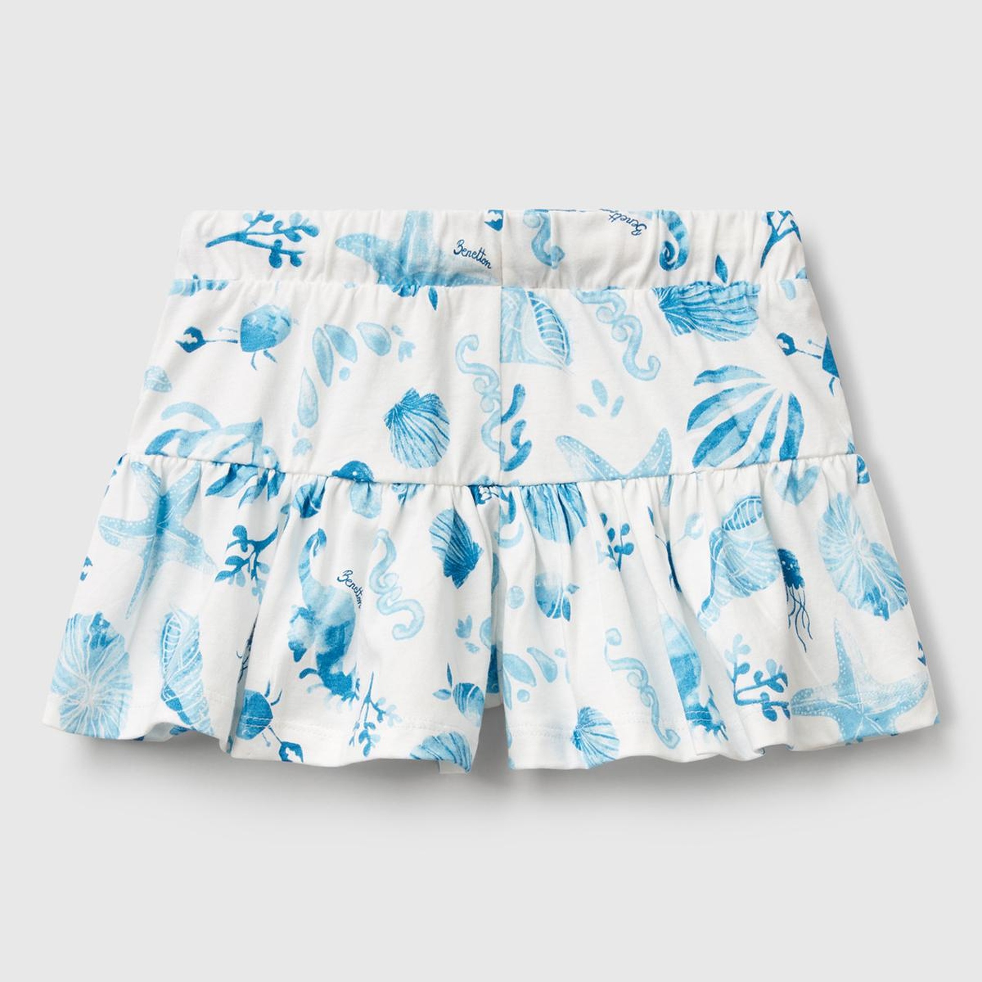 Kız Çocuk Mavi Desenli Büzgü İpli Etek Ucu Pileli Şort