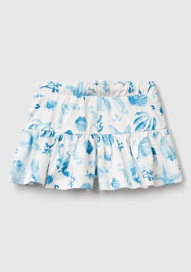  Kız Çocuk Mavi Desenli Büzgü İpli Etek Ucu Pileli Şort