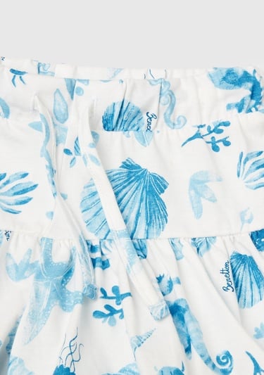  Kız Çocuk Mavi Desenli Büzgü İpli Etek Ucu Pileli Şort