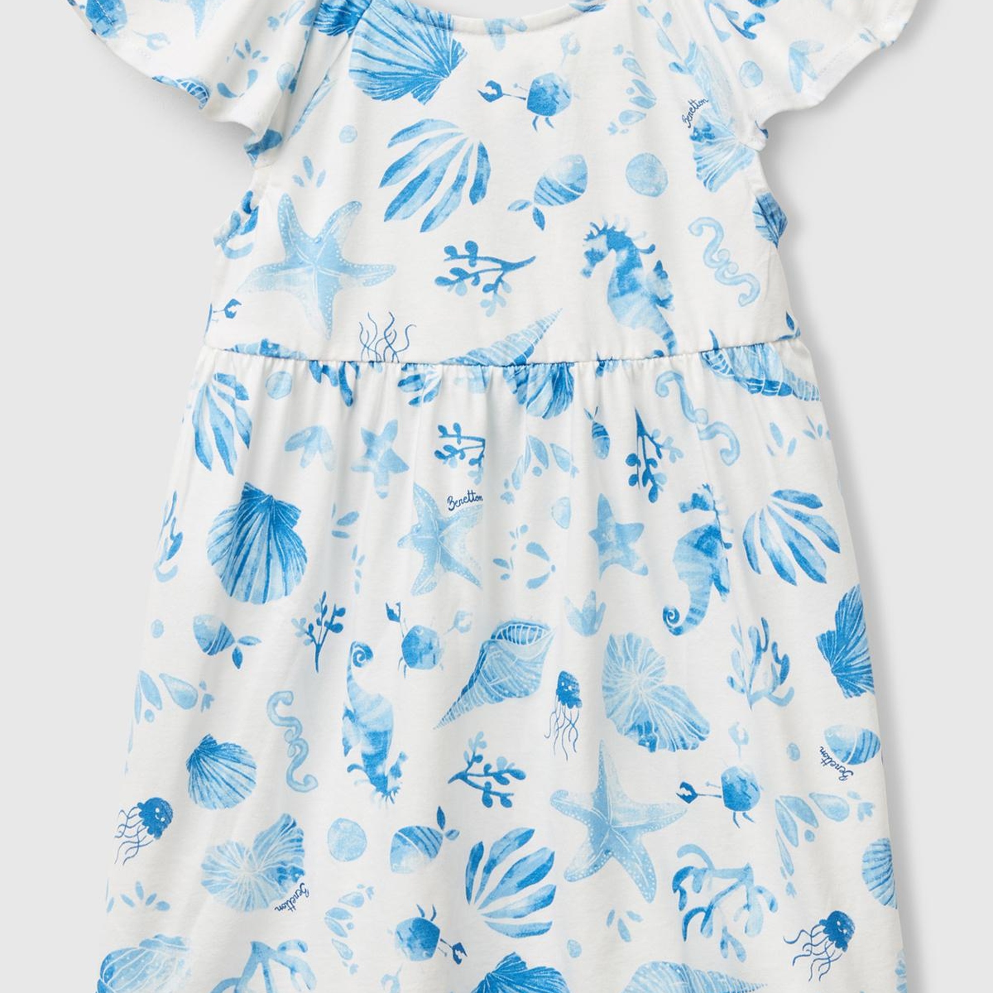 Kız Çocuk Mavi Desenli Önü Fiyonklu Kolları ve Eteği Pileli Elbise