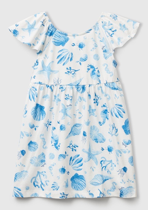  Kız Çocuk Mavi Desenli Önü Fiyonklu Kolları ve Eteği Pileli Elbise