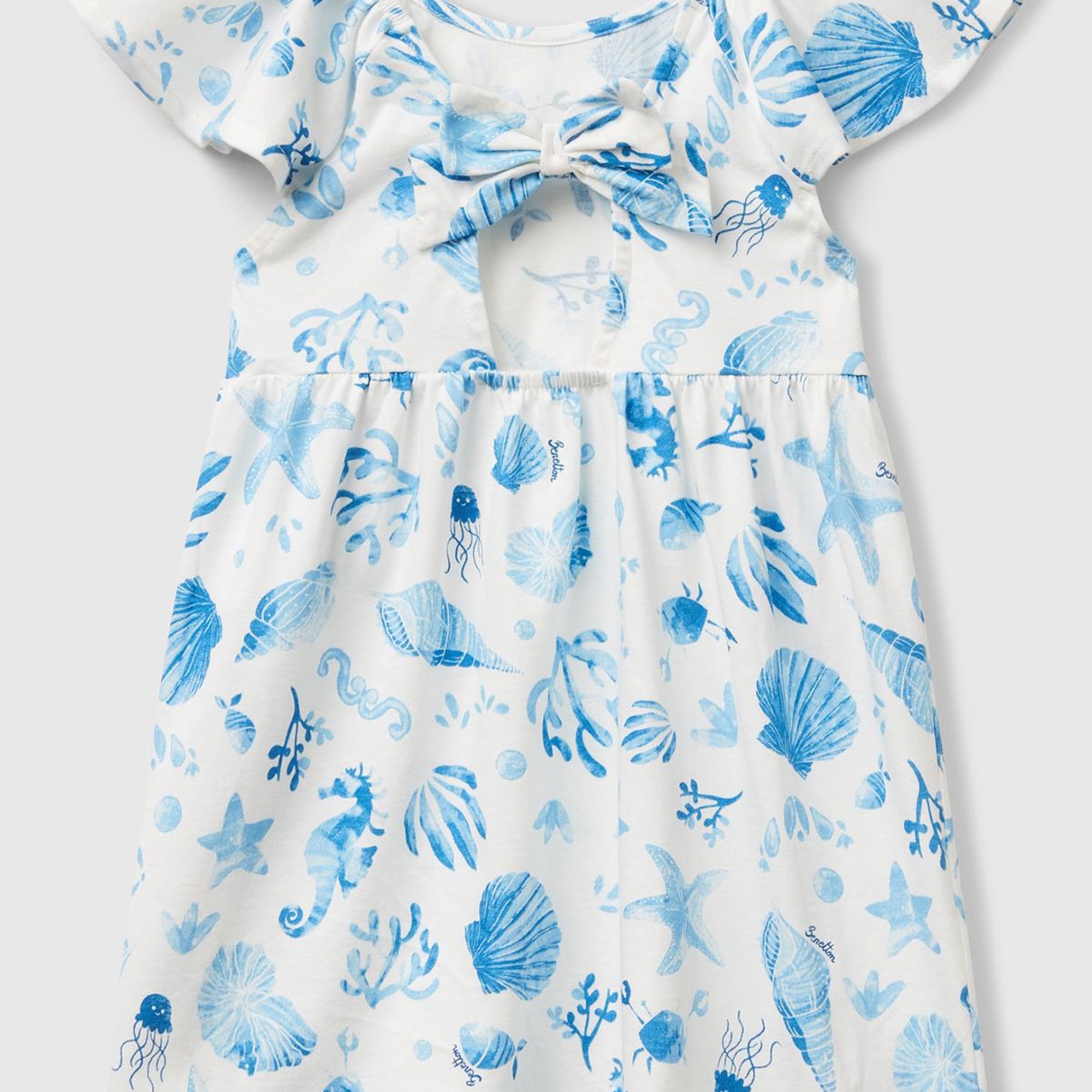 Kız Çocuk Mavi Desenli Önü Fiyonklu Kolları ve Eteği Pileli Elbise