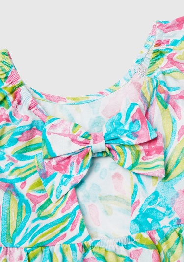  Kız Çocuk Yeşil Desenli Önü Fiyonklu Kolları ve Eteği Pileli Elbise