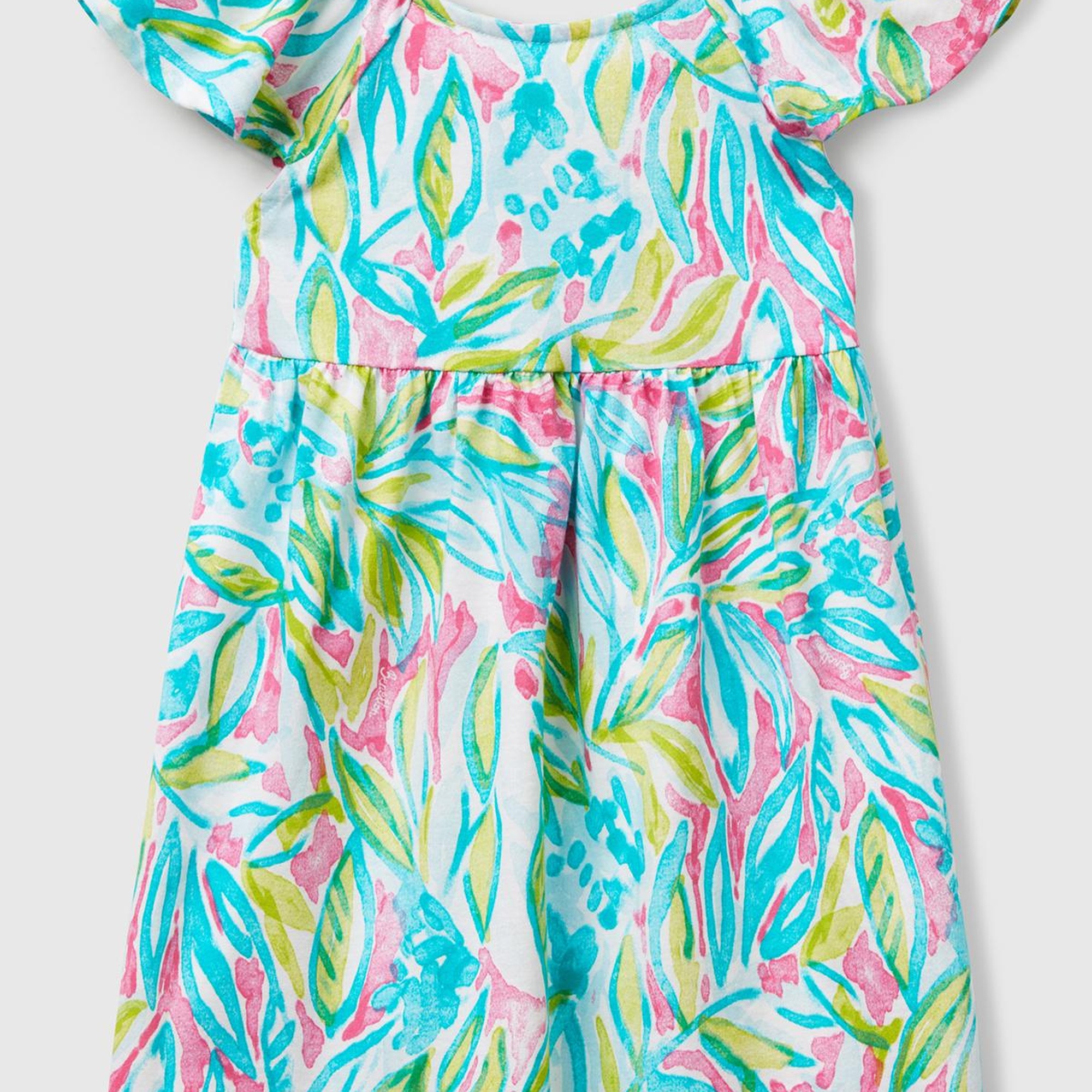 Kız Çocuk Yeşil Desenli Önü Fiyonklu Kolları ve Eteği Pileli Elbise