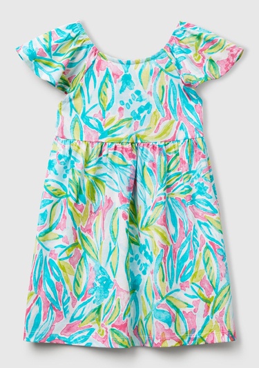  Kız Çocuk Yeşil Desenli Önü Fiyonklu Kolları ve Eteği Pileli Elbise