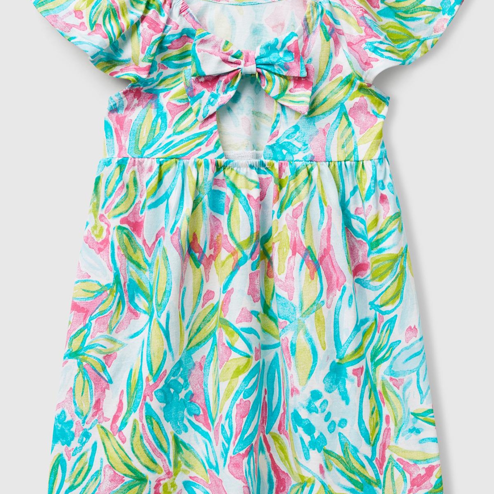 Kız Çocuk Yeşil Desenli Önü Fiyonklu Kolları ve Eteği Pileli Elbise