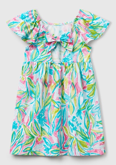  Kız Çocuk Yeşil Desenli Önü Fiyonklu Kolları ve Eteği Pileli Elbise