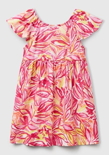  Kız Çocuk Turuncu Desenli Önü Fiyonklu Kolları ve Eteği Pileli Elbise