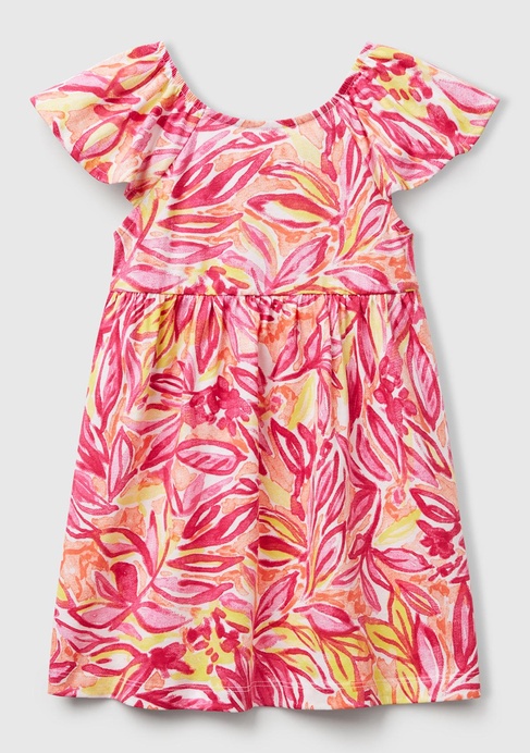  Kız Çocuk Turuncu Desenli Önü Fiyonklu Kolları ve Eteği Pileli Elbise