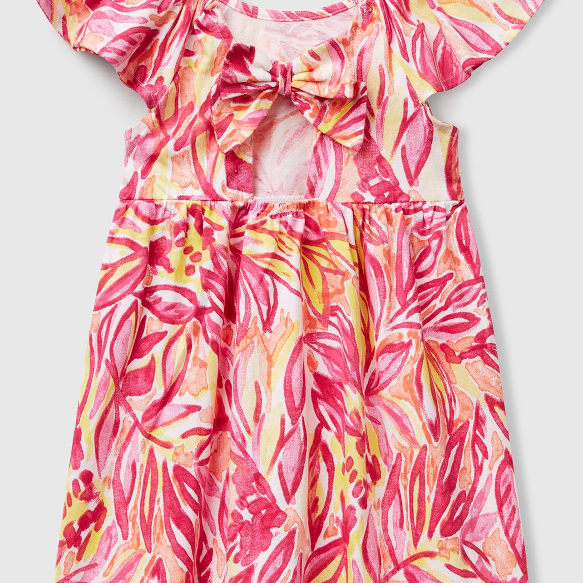 Kız Çocuk Turuncu Desenli Önü Fiyonklu Kolları ve Eteği Pileli Elbise