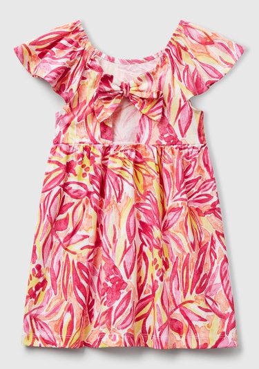  Kız Çocuk Turuncu Desenli Önü Fiyonklu Kolları ve Eteği Pileli Elbise