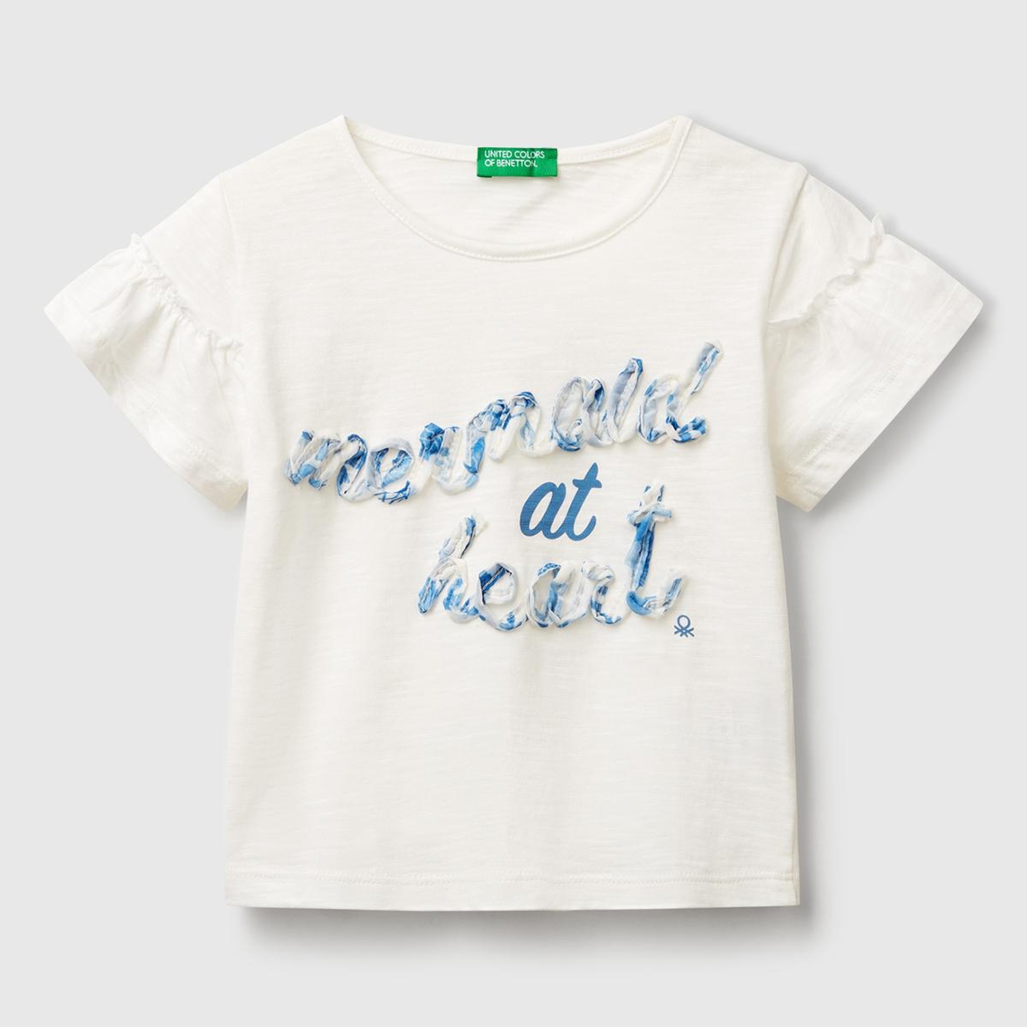 Kız Çocuk Beyaz Önü Baskılı Kolu Fırfırlı Boxy Fit T-Shirt