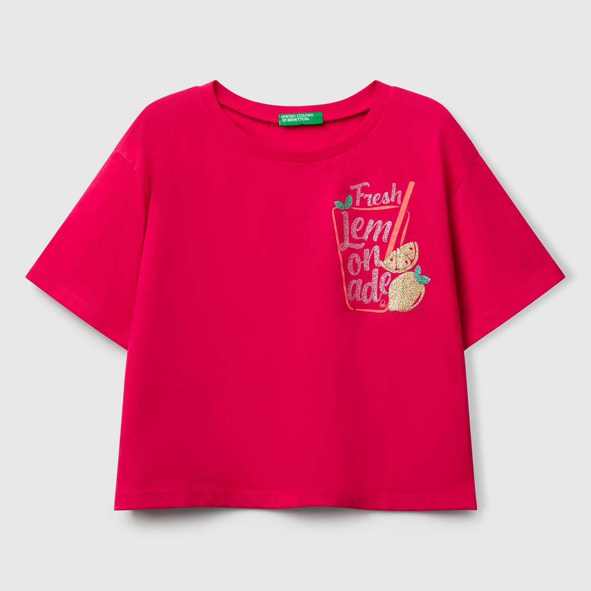 Kız Çocuk Fuşya Parlak Baskılı Bisiklet Yaka T-Shirt