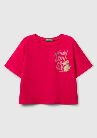  Kız Çocuk Fuşya Parlak Baskılı Bisiklet Yaka T-Shirt